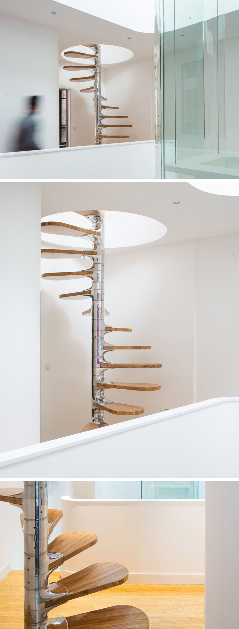 This small modern spiral staircase is a made from polished metal with wood stair treads wrapping around it. The staircase travels through a hole in the ceiling to the upper floor. #SpiralStairs #SpiralStaircase #ModernSpiralStairs