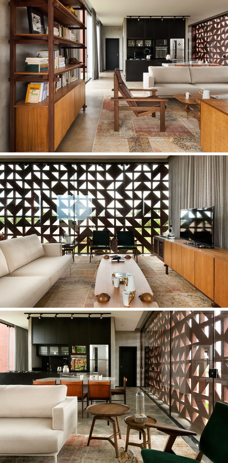 Inside this small house, the main area is completely open plan, with the living room, dining room and kitchen all sharing the same space. The blocks create an interesting pattern and are almost like walls of art.