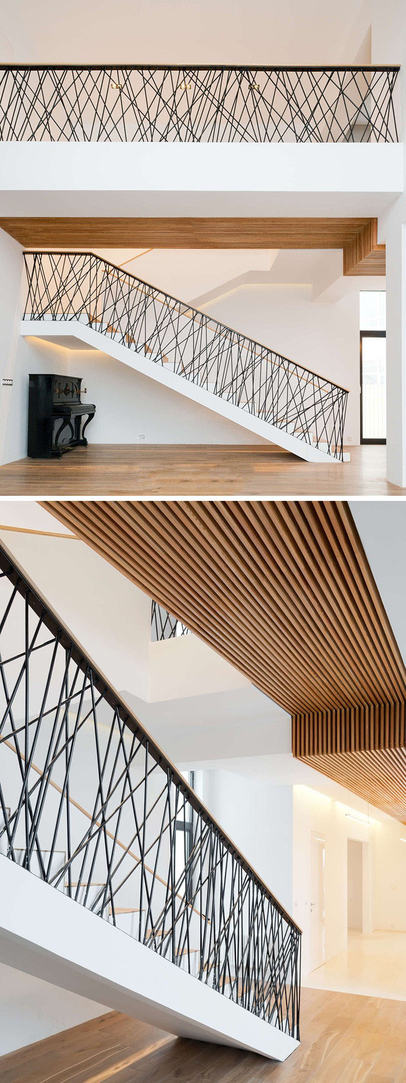 Randomly arranged steel rods have been placed on the railings of these stairs to both protect and act as a focal point in the home.