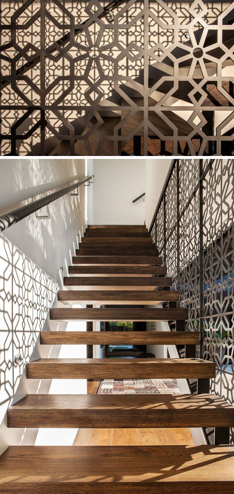 The artistic pattern on the railing of one side of this staircase not only creates a unique design detail in the home, but also creates the pattern on the opposite wall when the sun shines through the sliding glass door.