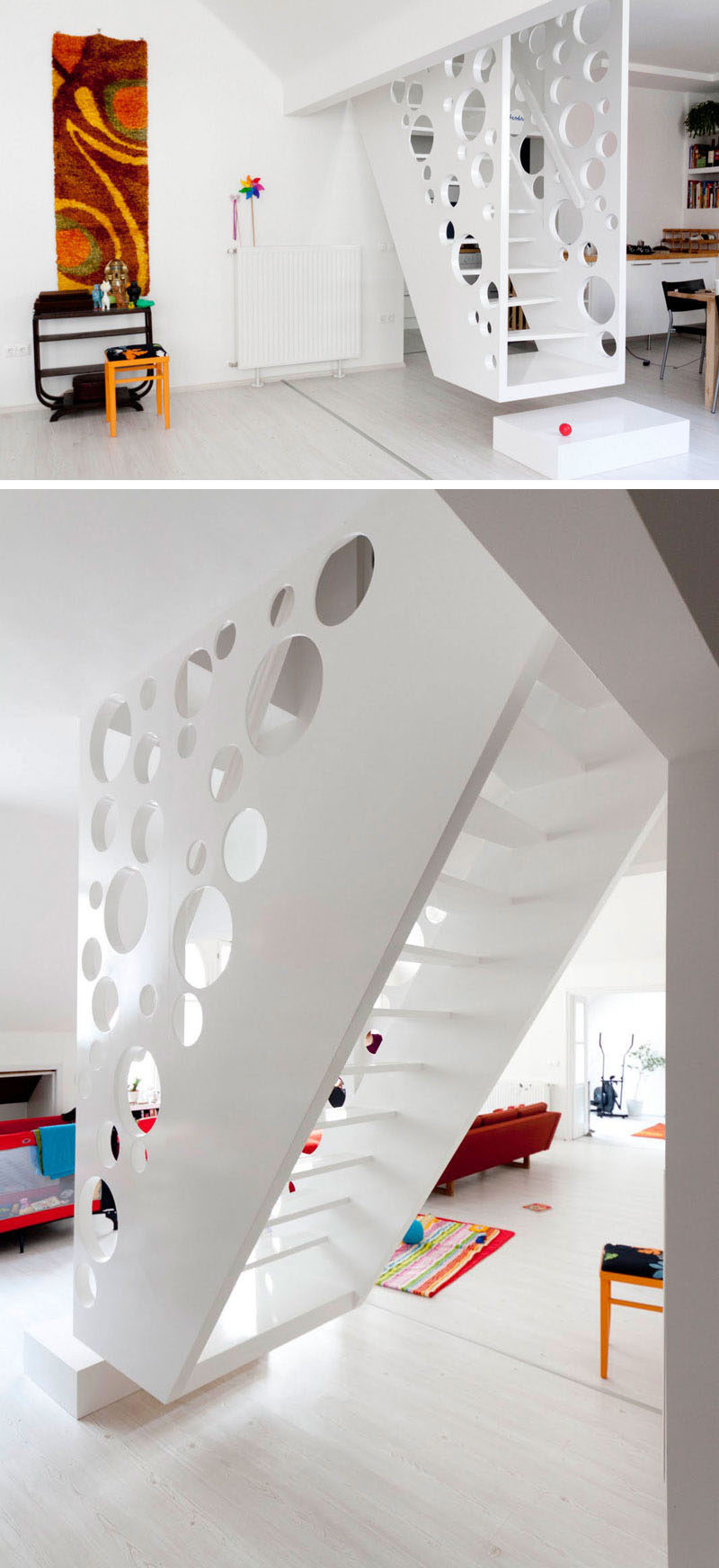 This playful, white, hanging staircase has circular cutouts on both sides to add an element of safety to the stairs and make the space feel more open and connected.