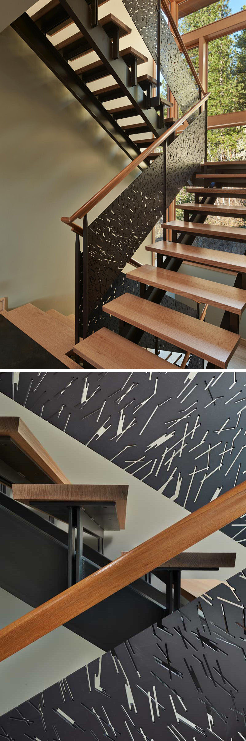 This creative metal stair railing has designs on it that make it resemble the look of the bark on the trees surrounding this home in the Pacific Northwest.