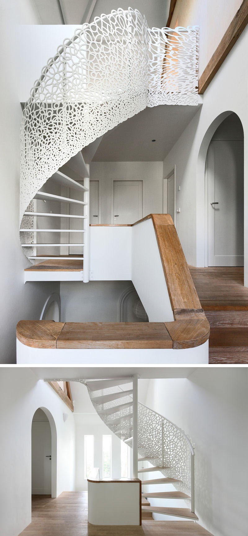 This custom designed white spiral staircase features a laser-cut design that was inspired by the currents and waves of the ocean nearby.