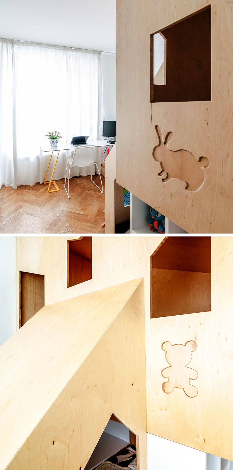 This custom modern plywood bunk bed design in a small kids bedroom houses two beds, a small bookshelf and features multiple wooden cutouts to create windows that allow light into the sleeping space and allows the little kids to look out from the comfort of their beds.