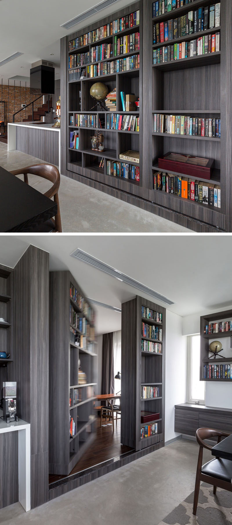 This large dark wood built-in bookshelf near the kitchen hides a secret door that provides access to a home office and guest room. 