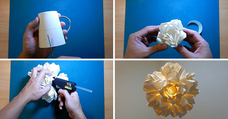 Create this artistic DIY paper rose pendant lamp. Individual paper roses are created by cutting, rolling, bending and gluing paper cups, that are then arranged and glued to form a lampshade.