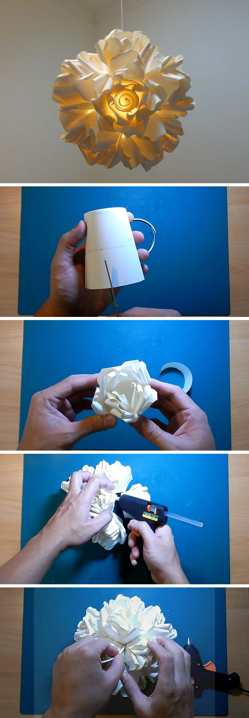 Create this artistic DIY paper rose pendant lamp. Individual paper roses are created by cutting, rolling, bending and gluing paper cups, that are then arranged and glued to form a lampshade.