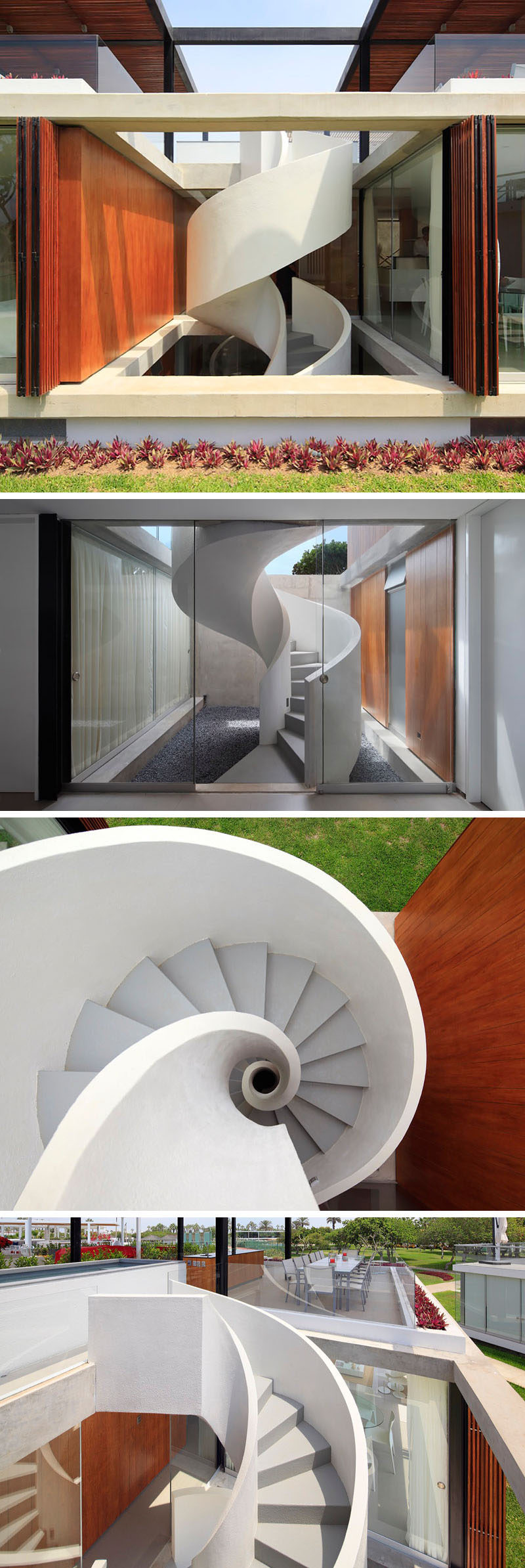 The white and grey outdoor spiral staircase of this modern house climbs all the way from the bottom level of the home up to the rooftop deck. #SpiralStairs #SpiralStaircase #ModernSpiralStairs