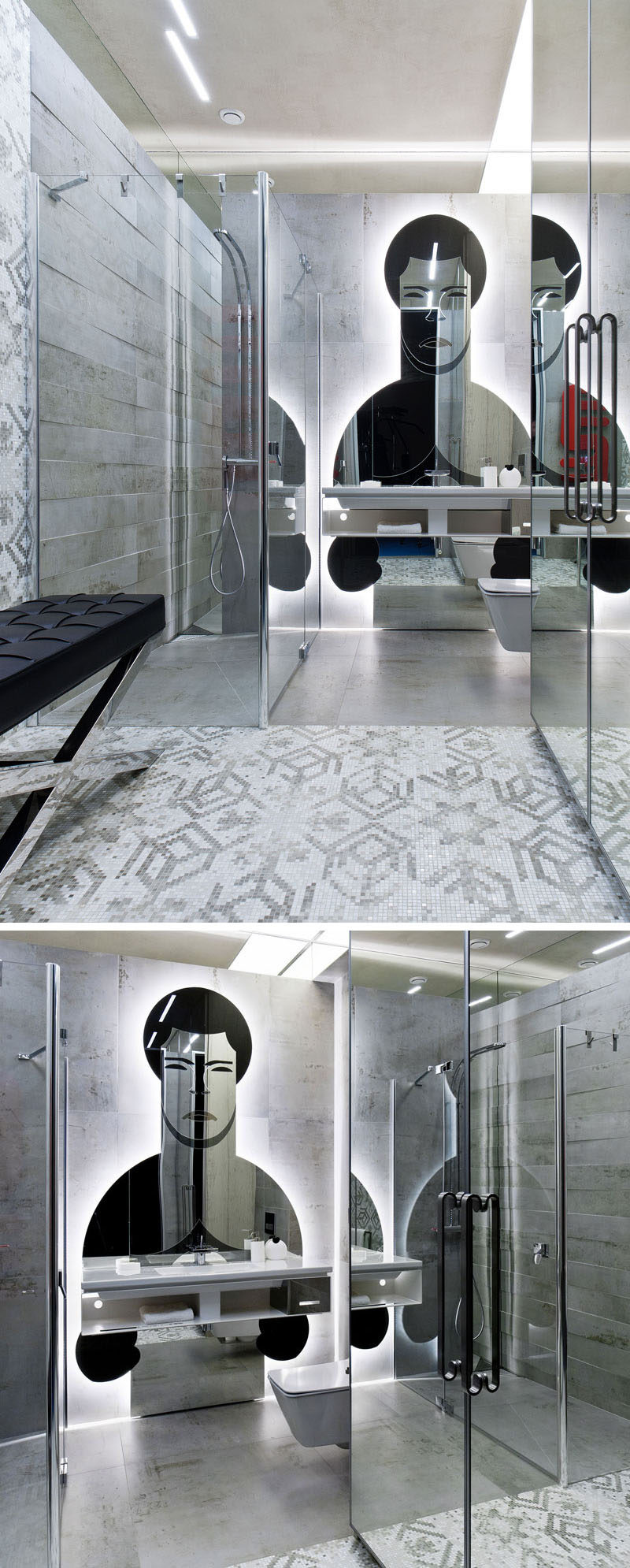 In this modern gym bathroom, mirrored doors and a custom artistic mirror reflect the light in the small space.