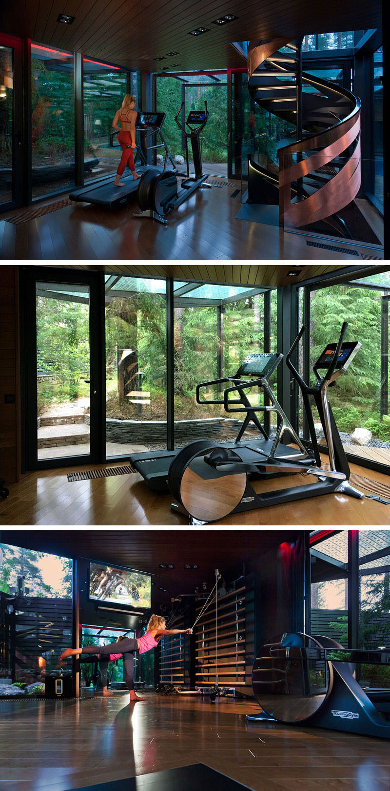 Inside this modern gym there are three floors that are connected by a copper-clad spiral staircase.