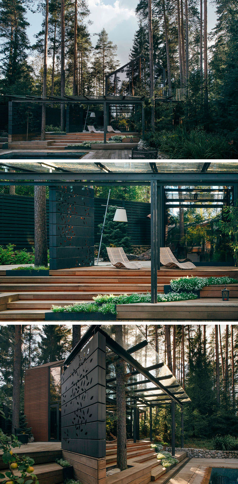 Olga Vetosheva and Eduard Zakharov of HOROMYSTUDIO have designed this modern gym with outdoor sundeck that's located within the forest near Saint-Petersburg, Russia.