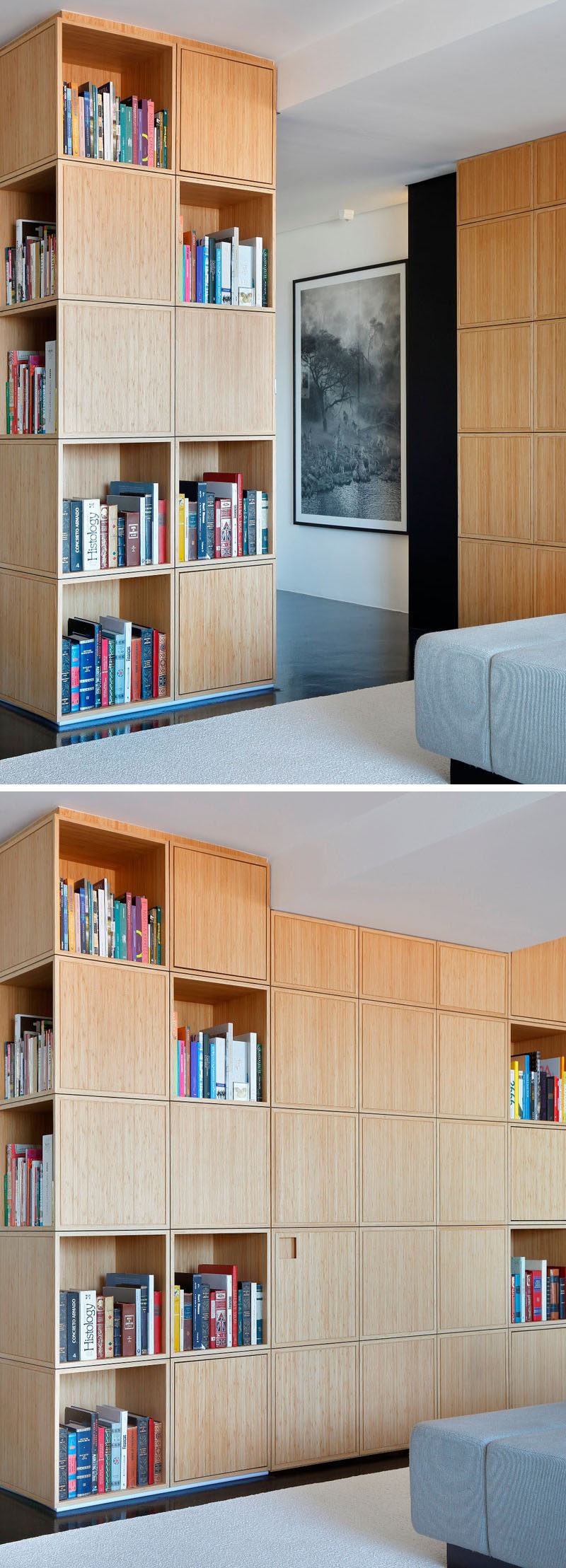 The entry hall to this modern apartment is concealed behind a u-shaped wood bookcase and is hidden from view when the door closes and blends into the rest of the bookcase.