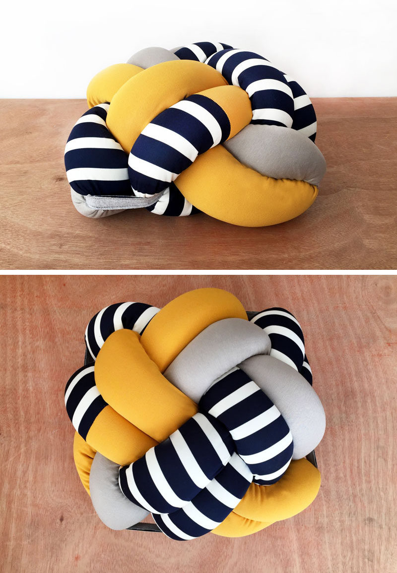 The design of this fun stripey knot pillow was inspired by knots tied by sailors and the nautical lifestyle in general. 