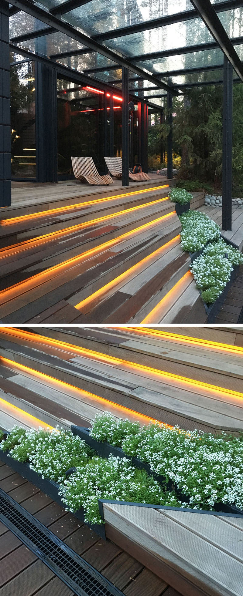 The landscape design of the outdoor space at a gym has built-in planters and hidden lighting within the wood steps.