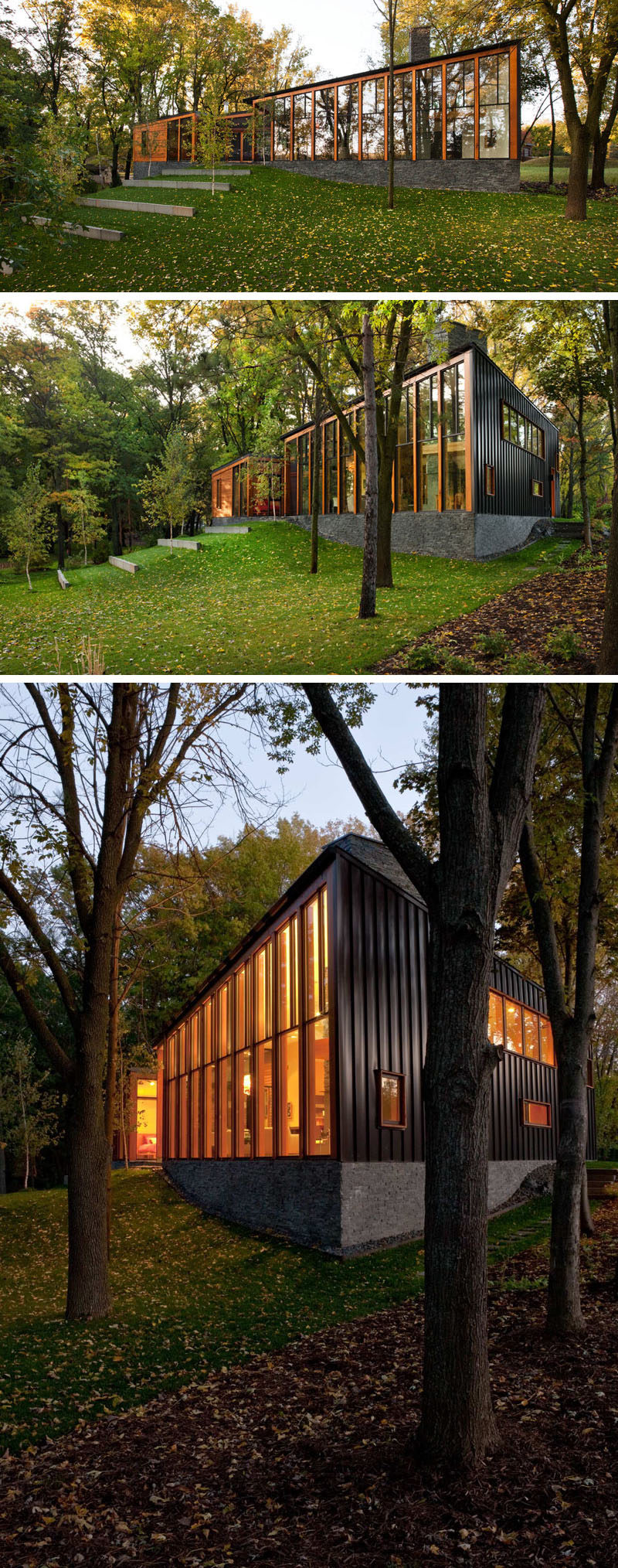 This modern house has floor-to-ceiling windows that follow the line of the roof to take advantage of the lakeside views and let in as much natural light as possible.