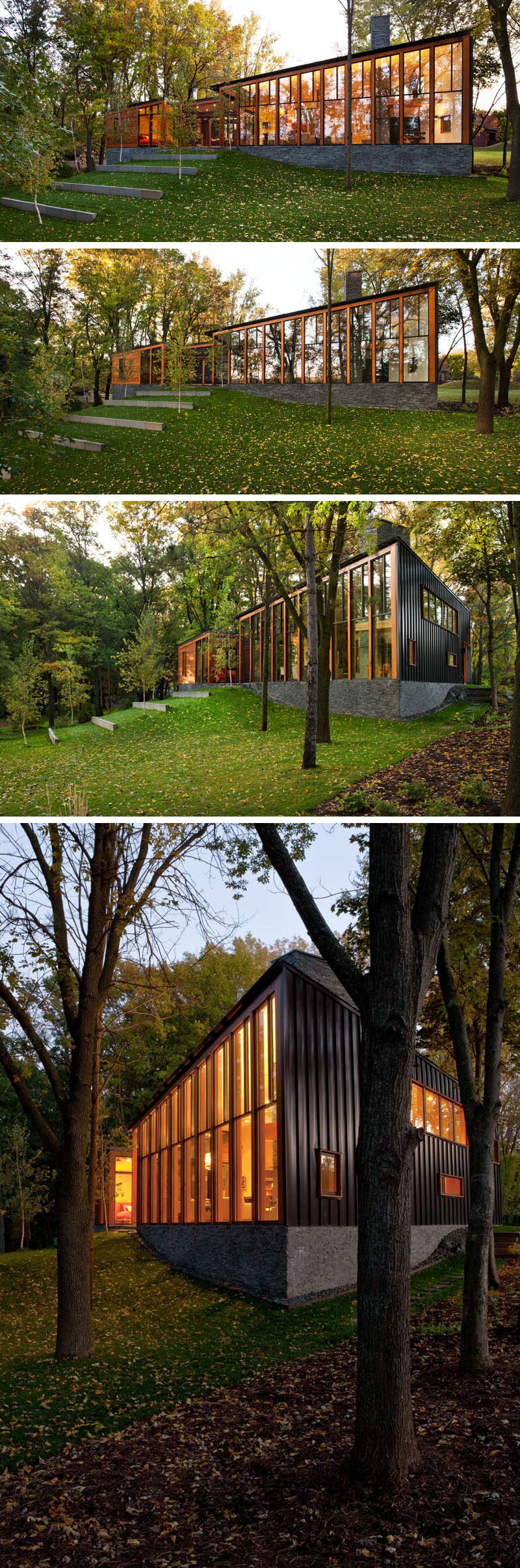 This modern house covered in wood, metal and stone, has floor-to-ceiling windows that follow the line of the roof to take advantage of the lakeside views.