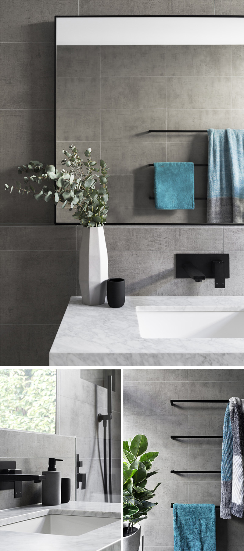Matte Black Accents Add Sophistication To This Grey And White Bathroom