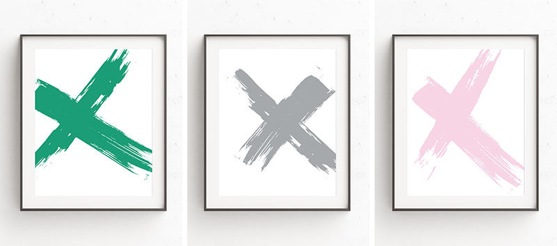 Kim Schwieters of Oju Design, creates minimalist and modern art prints in a huge range of colors, styles, and themes, like this set of X art prints that look like they were created by thick brush strokes swiped across the canvas. 