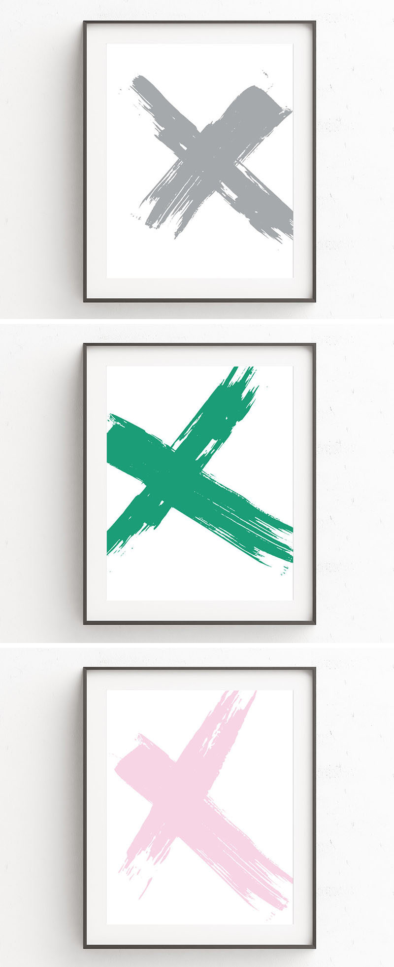 Kim Schwieters of Oju Design, creates minimalist and modern art prints in a huge range of colors, styles, and themes, like this set of X art prints that look like they were created by thick brush strokes swiped across the canvas. 