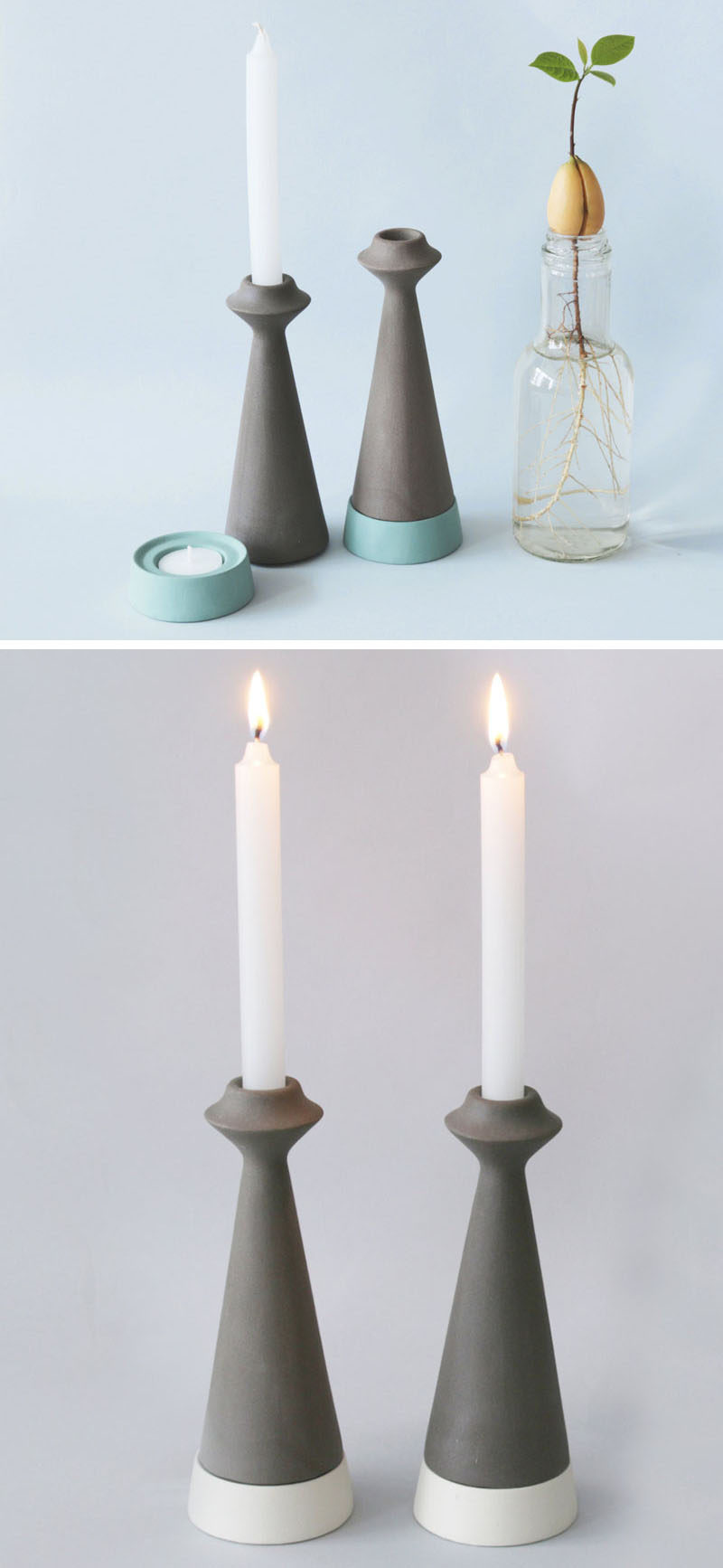 These candle holders are designed to be a two-in-one modular piece that can be used to hold taper candles on top and tea lights in the bottom.