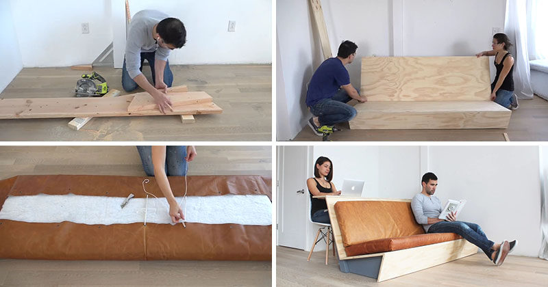 This tutorial for a DIY modern couch teaches you how to create a couch with a wood frame and leather cushions that also doubles as a desk.