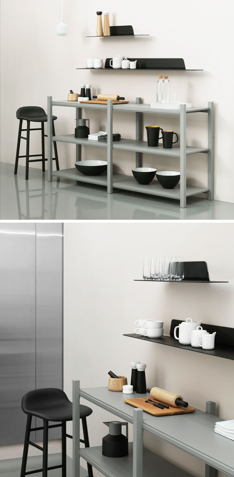 Jet, a thin, modern, minimalist shelf designed by Simon Legald for Normann Copenhagen, is a wall storage solution that combines horizontal and vertical lines to create a simple yet sturdy shelf with an industrial look that can be used to store and display objects of all sorts.