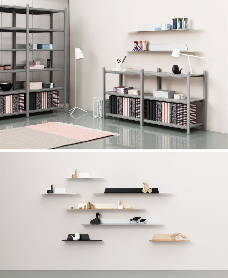 Jet, a thin, modern, minimalist shelf designed by Simon Legald for Normann Copenhagen, is a wall storage solution that combines horizontal and vertical lines to create a simple yet sturdy shelf with an industrial look that can be used to store and display objects of all sorts.