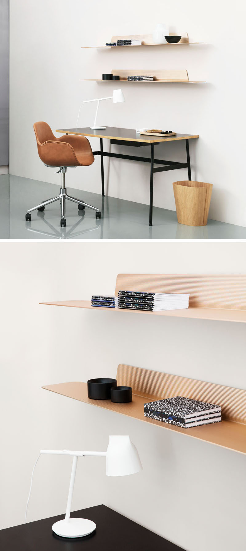 Jet, a thin, modern, minimalist shelf designed by Simon Legald for Normann Copenhagen, is a wall storage solution that combines horizontal and vertical lines to create a simple yet sturdy shelf with an industrial look that can be used to store and display objects of all sorts.