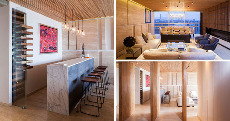 Image showcasing An Elegant Apartment With A Wood Slat Ceiling