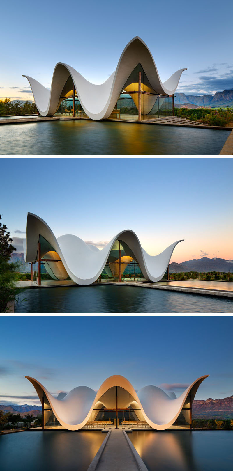 Architecture firm Steyn Studio have designed a sculptural and modern chapel, located within a vineyard in Western Cape, South Africa, that's surrounded by a valley and mountains.