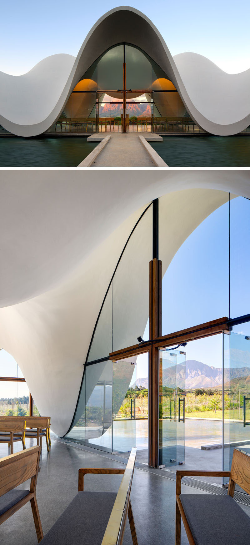 Architecture firm Steyn Studio have designed a sculptural and modern chapel, located within a vineyard in Western Cape, South Africa, that's surrounded by a valley and mountains.