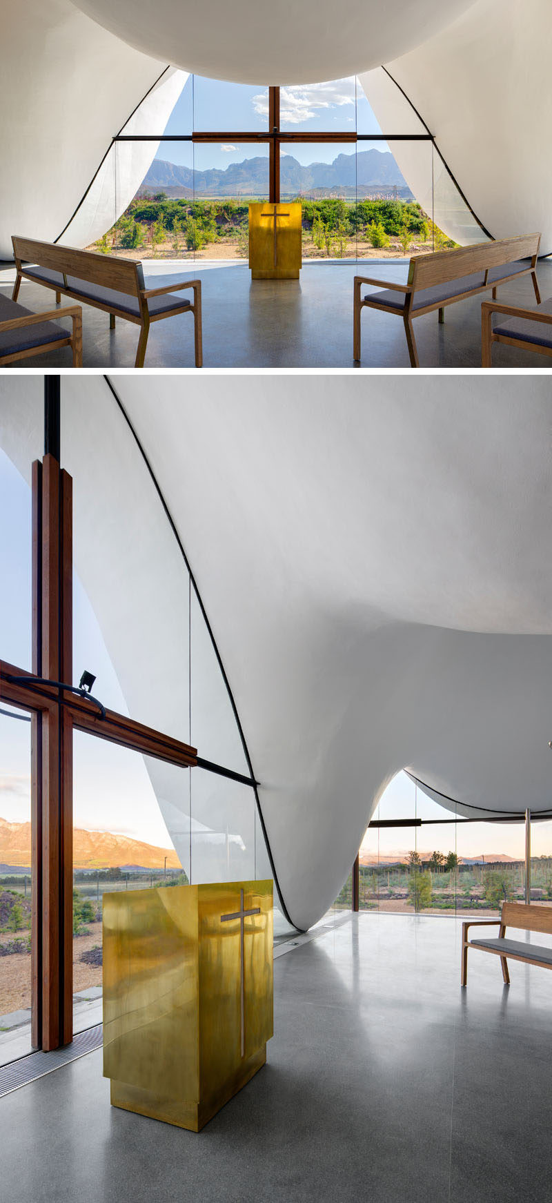 Architecture firm Steyn Studio have designed a sculptural and modern chapel, located within a vineyard in Western Cape, South Africa, that's surrounded by a valley and mountains.