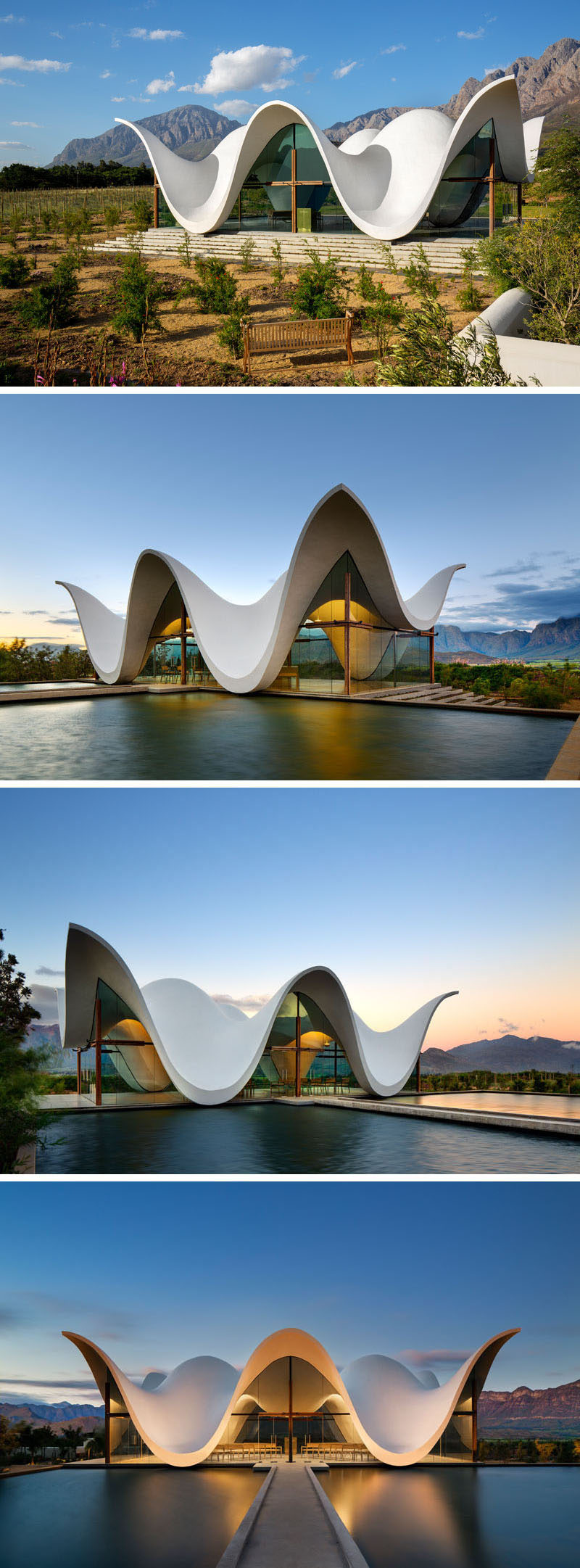 Architecture firm Steyn Studio have designed a sculptural and modern chapel, located within a vineyard in Western Cape, South Africa, that's surrounded by a valley and mountains.