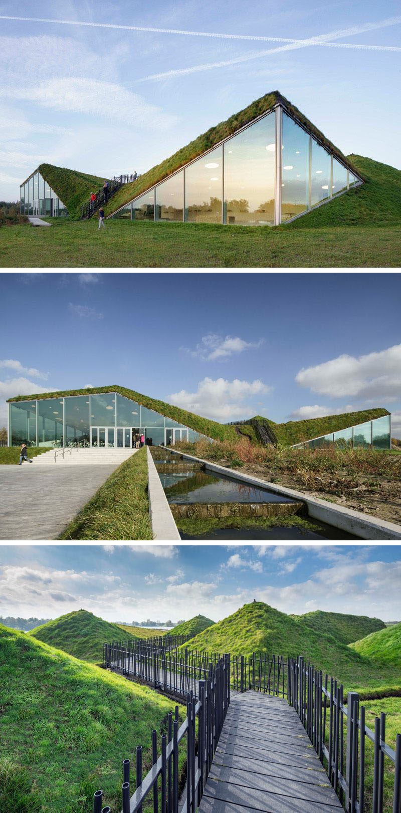 The Biesbosch Museum in Werkendam, The Netherlands, is covered in grass and features a walkway on the roof that's surrounded by small grassy mounds and leads to a look out at one end.