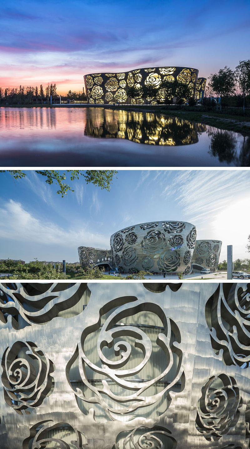 The Rose Museum in Beijing, China, is a large structure covered in a thick layer of stainless steel with a rose-shaped pattern stamped all over the exterior.