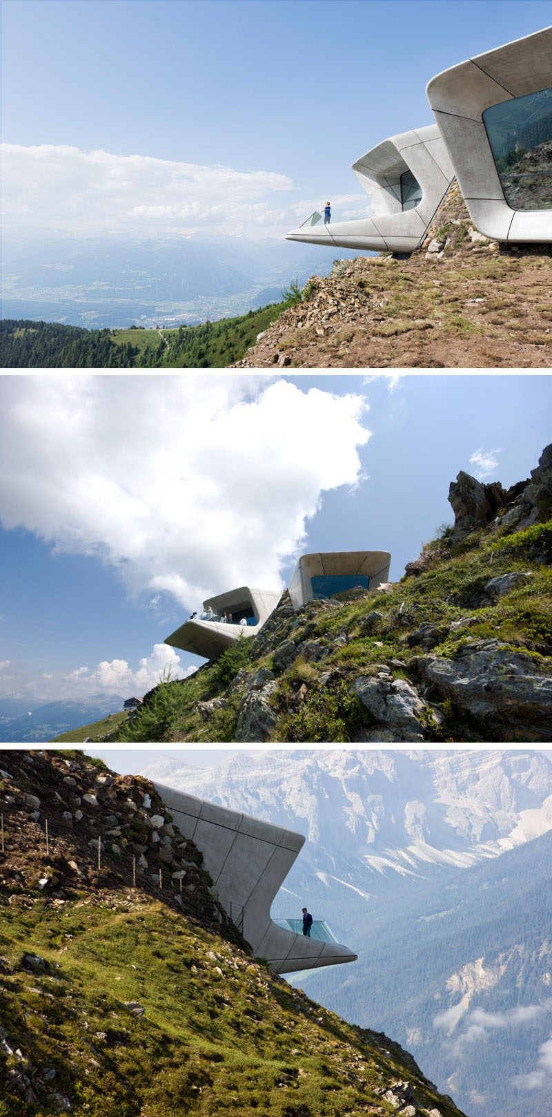 The Messner Mountain Museum Corones in South Tyrol, Italy, is made from thick concrete and has been embedded into the mountain, projecting out to provide incredible views of the valley below and the mountains surrounding it.