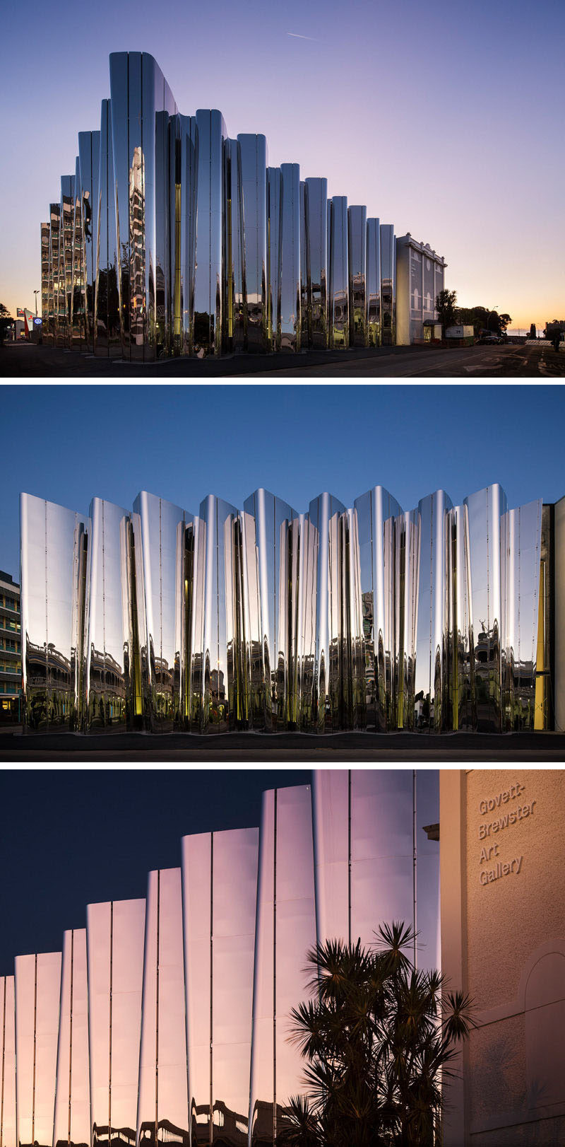 Curved, reflective stainless steel surrounds the exterior of the Len Lye Centre, a combined art museum with the Govett-Brewster Art Gallery in Taranaki, New Zealand, to create a unique visual experience without even stepping foot in the museum.