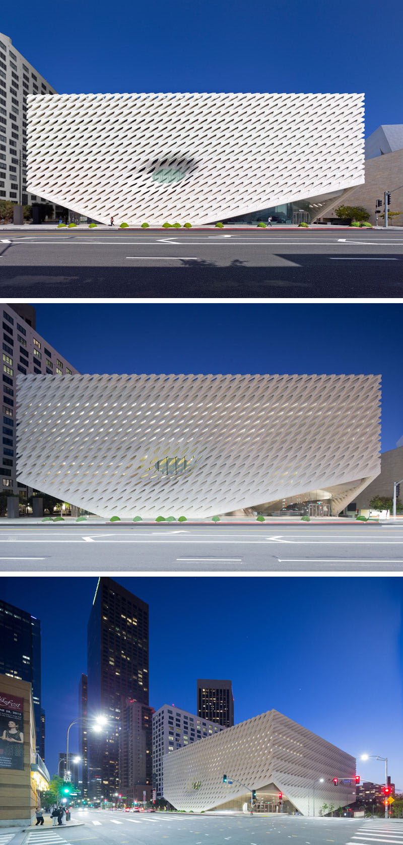 The Broad art museum in Los Angeles, California, is covered in a perforated 'veil' that provides filtered light to the museum throughout the day and creates a skeletal system that protects the vault of storage and archives located inside the museum.