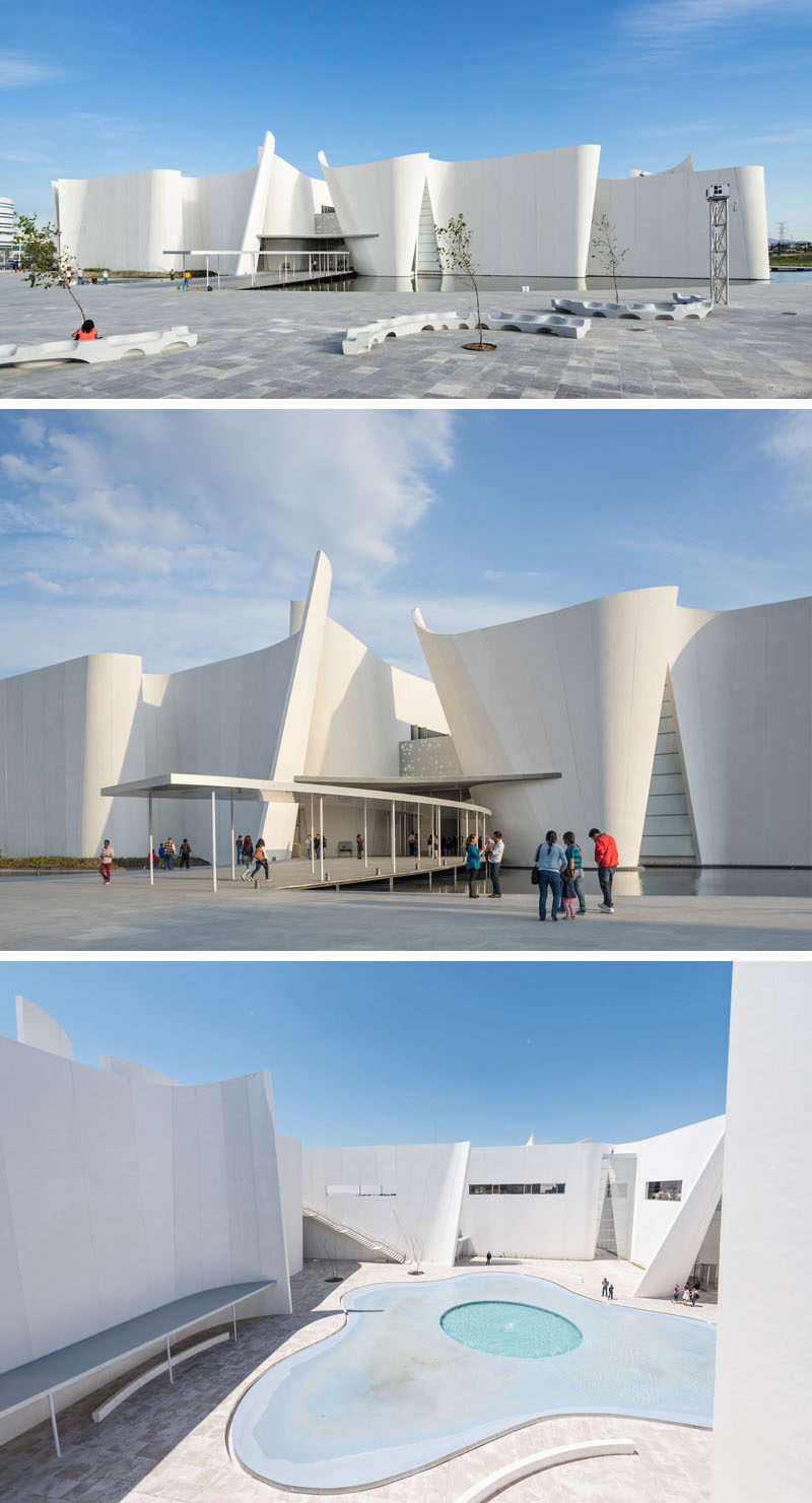 The curved concrete surrounding the exterior of the Baroque Museum in Mexico, was in part meant to represent the exaggerated movements often associated with traditional baroque art while creating a modern looking structure.