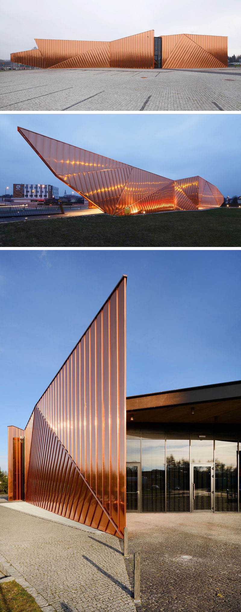 Copper plates cover the exterior of the Museum of Fire in Zory, Poland, as a tribute to the fire that took out an entire forest and made way for the development of the Polish city.