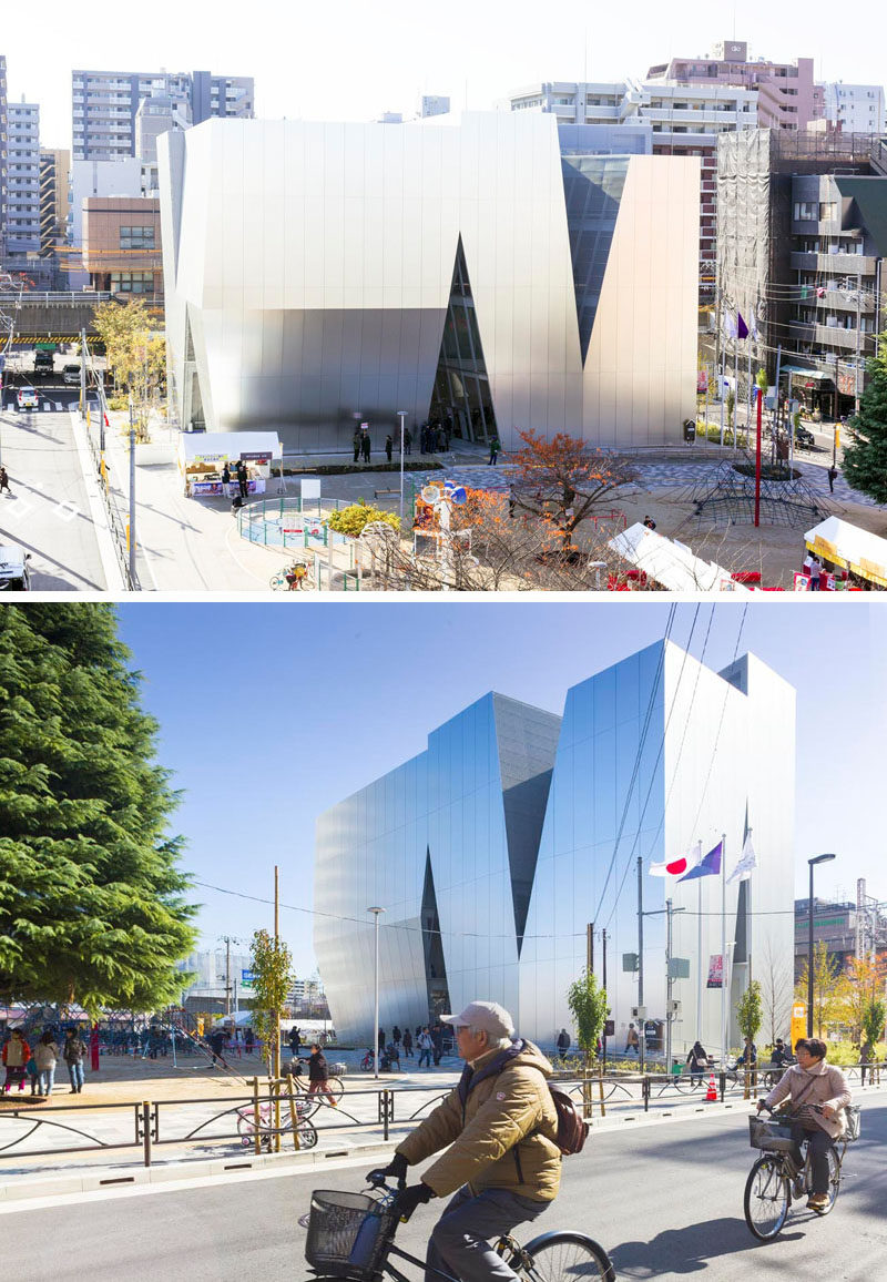 The geometric cutouts around the large Sumida Hokusai Museum in Tokyo, Japan, allow diffused natural light into the museum and give the structure a clean, modern design.