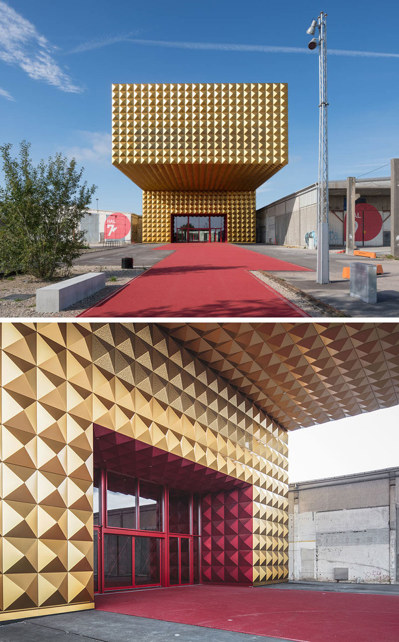 Golden anodized aluminum studs cover the exterior of the Museum of Rock in Roskilde, Denmark, as a tribute to the rock stars who often decked out their outfits in studs, while a red carpet entrance represents the red velvet inside a guitar case.