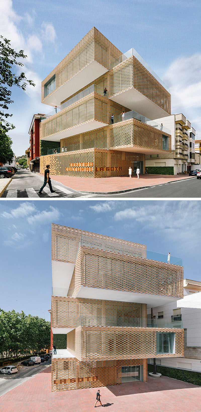 To represent the brick facades of the traditional brick builds that were used to dry tobacco, the exterior of the La Gota Cultural Center and Tobacco Museum in Navalmoral de la Mata, Spain, has been covered in a flexible ceramic that allows natural light into the building.