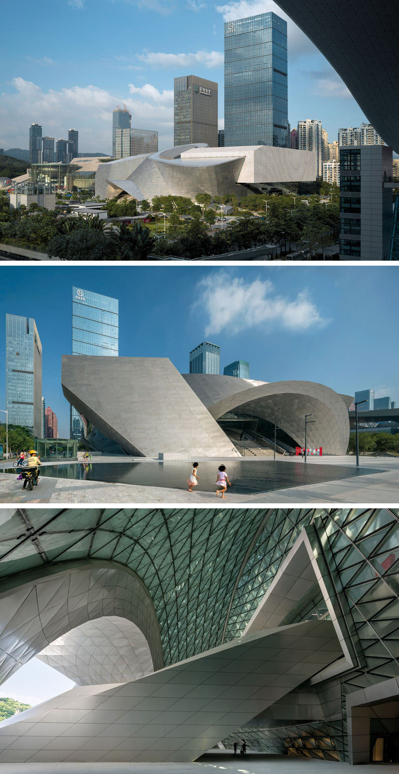  This massive building in Shezhen, China, is actual two separate structures, the Museum of Contemporary Art and The Planning Exhibition, that have been surrounded by a geometric facade made of natural stone louvers and insulated glass to create the look of a single modern building.