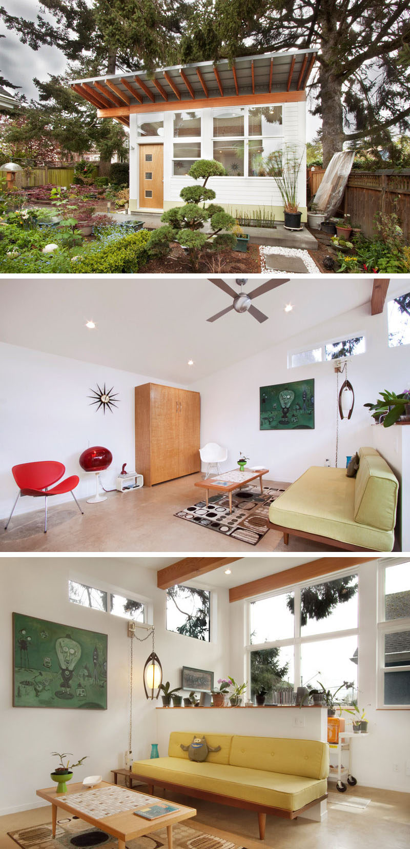 A modern backyard studio with a lounge and potting area for plants.