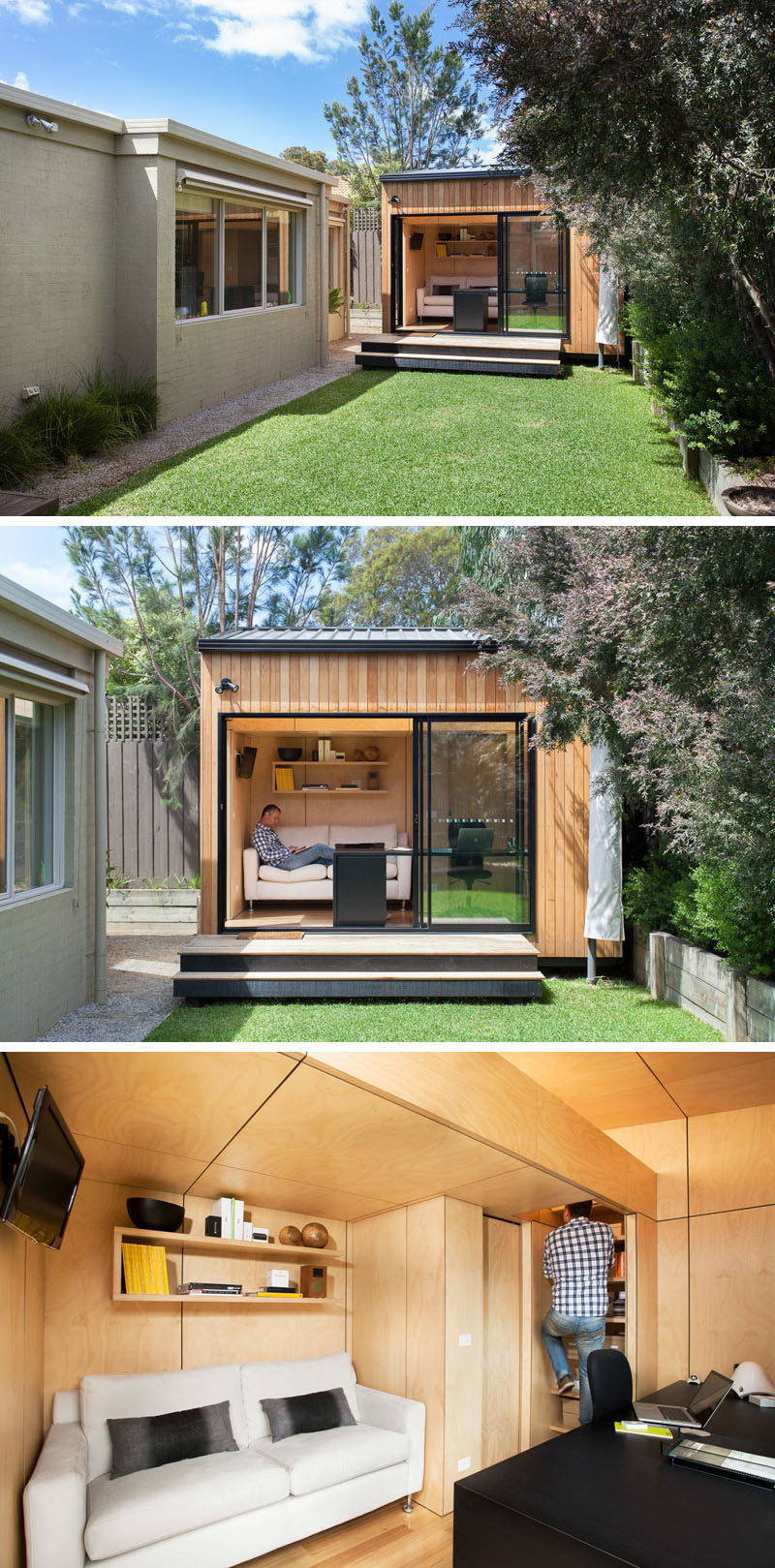 A small backyard studio accommodates a couch, a work space, and a lofted sleeping area.