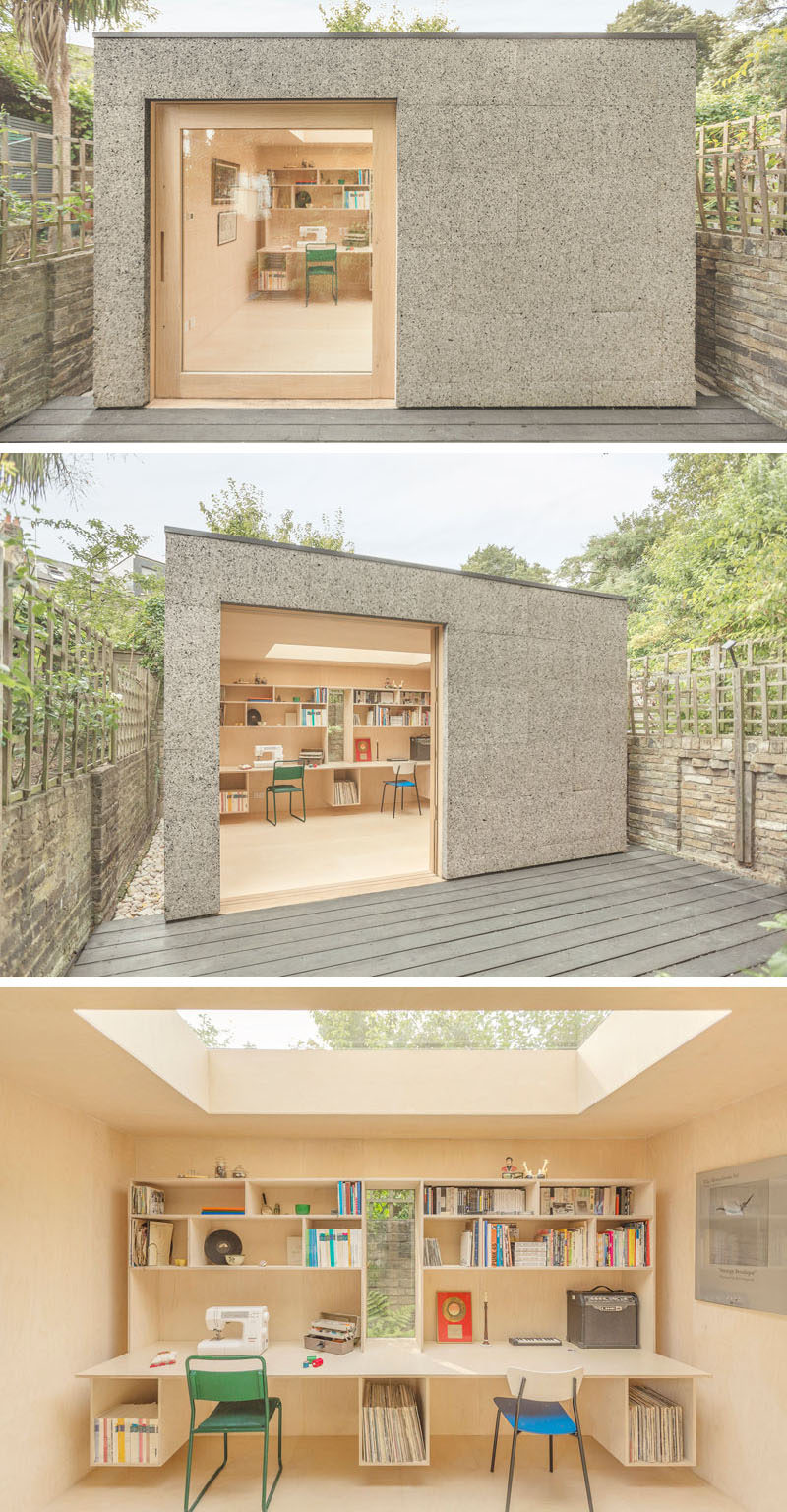 A backyard home office clad in cork.