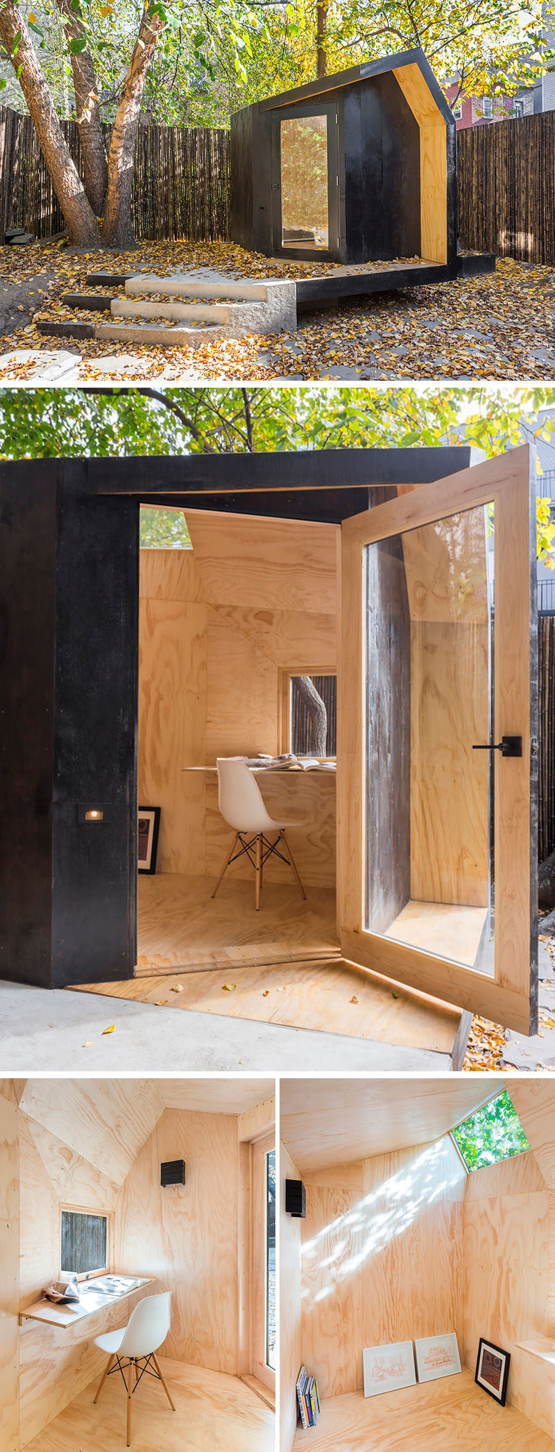 A small backyard home office with a black stained cedar exterior and and natural pine plywood interior.