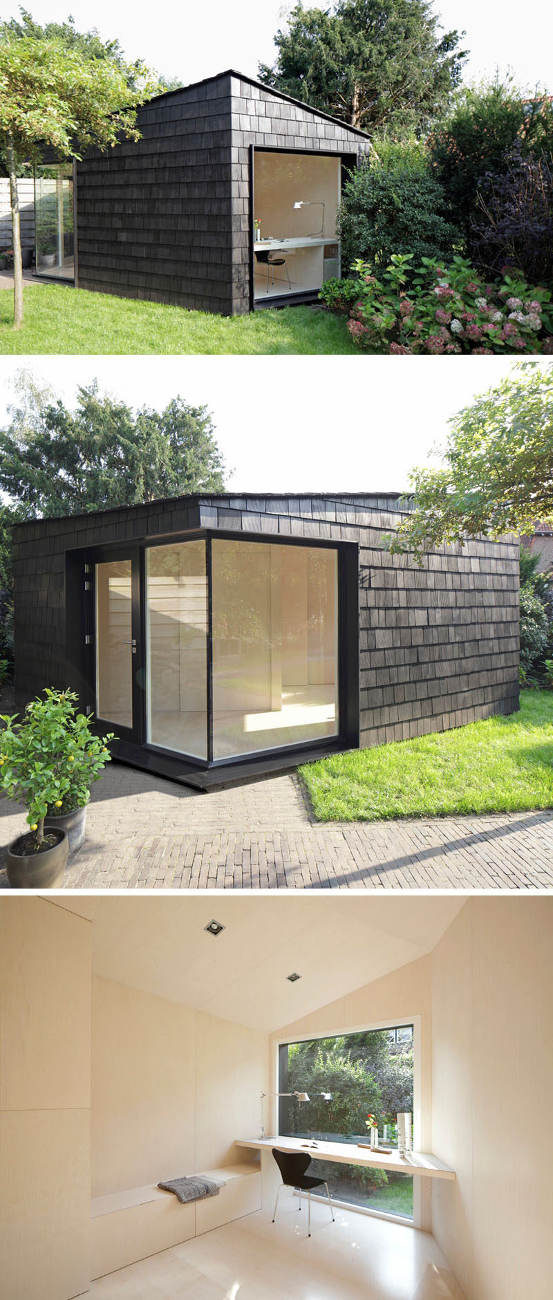 A backyard home office with dark stained shingles.