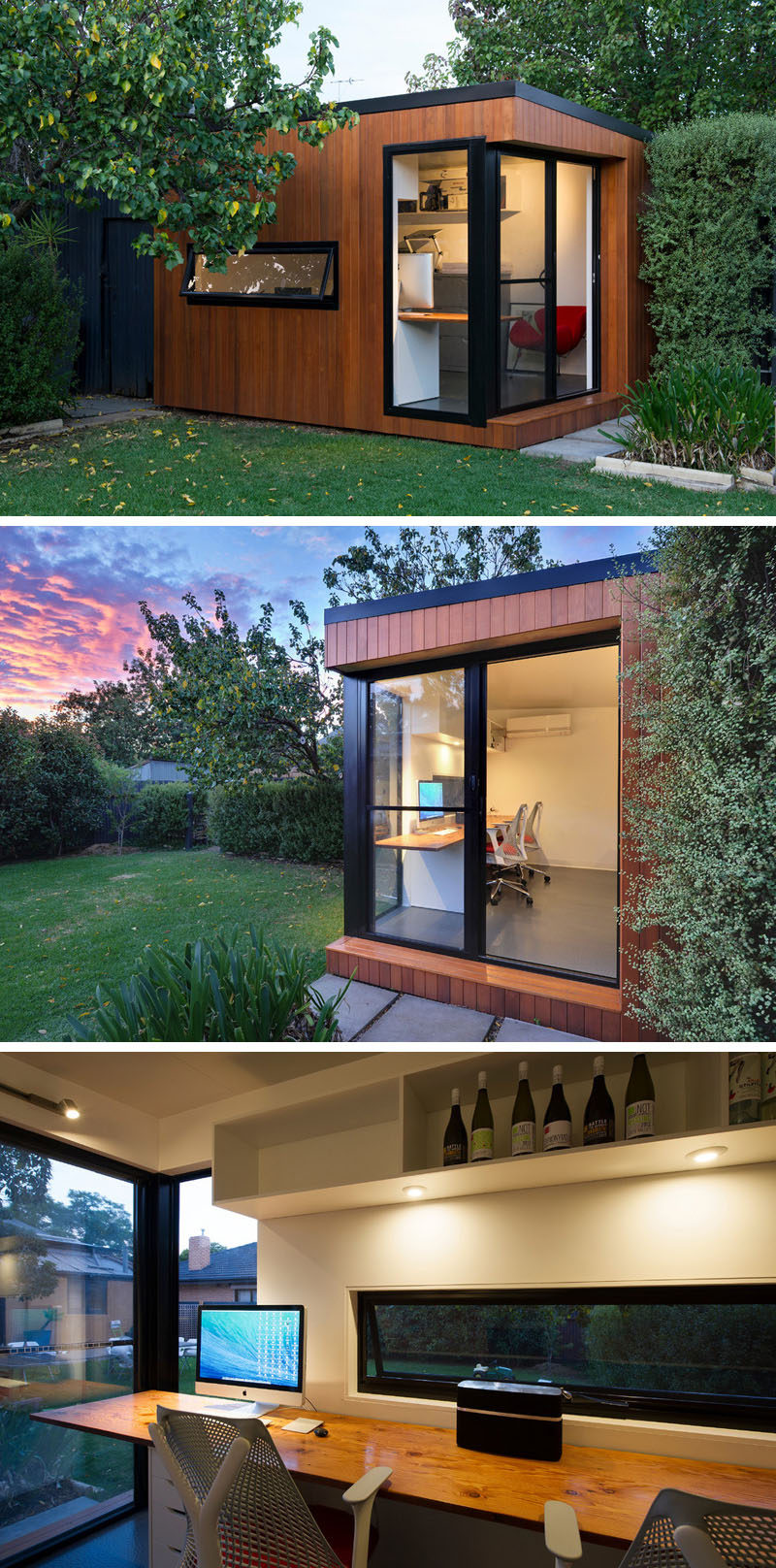 A prefab backyard home office is covered in wood and black trim surrounds the windows and sliding door.